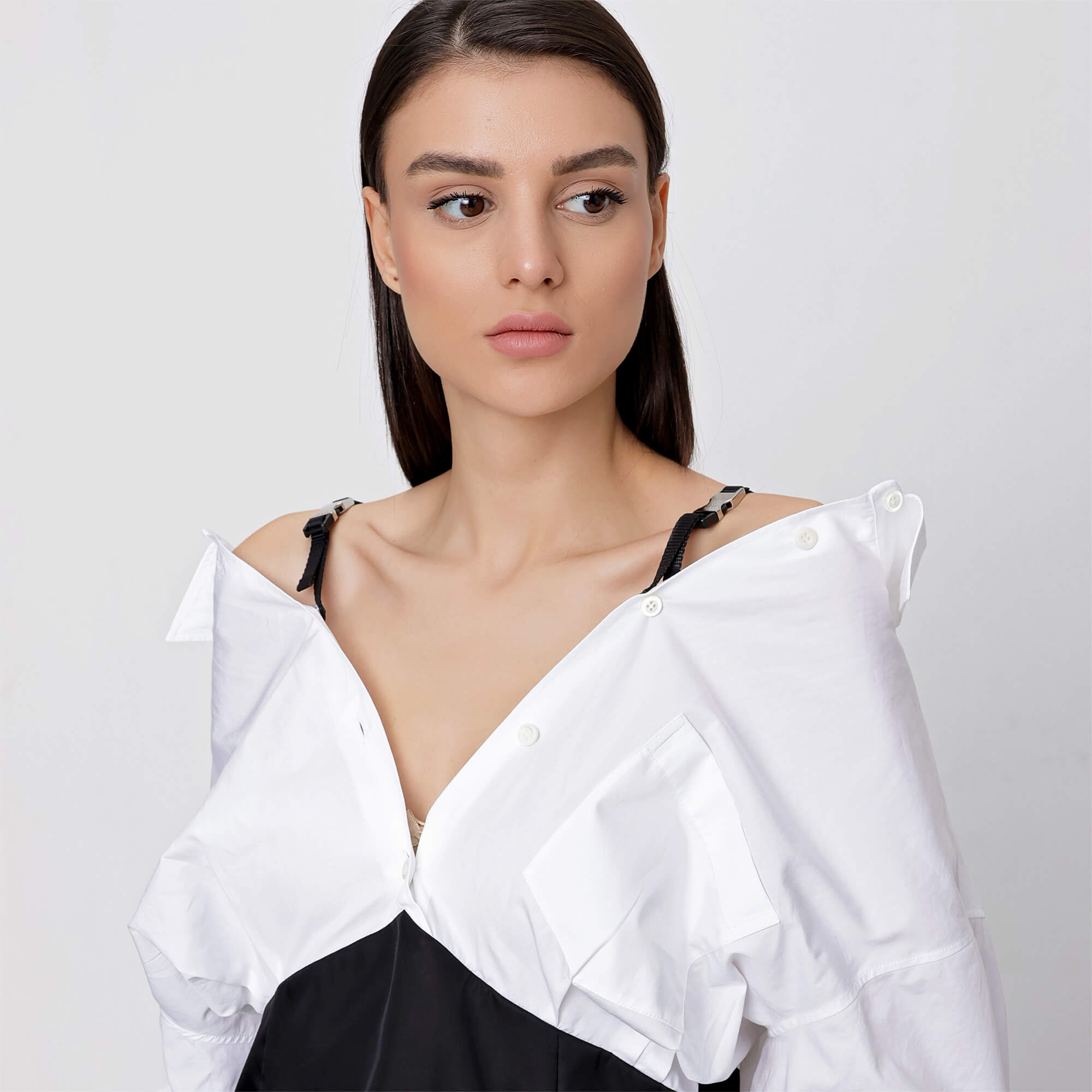 Prada - Black&White Low Shoulder Mini Shirt Dress